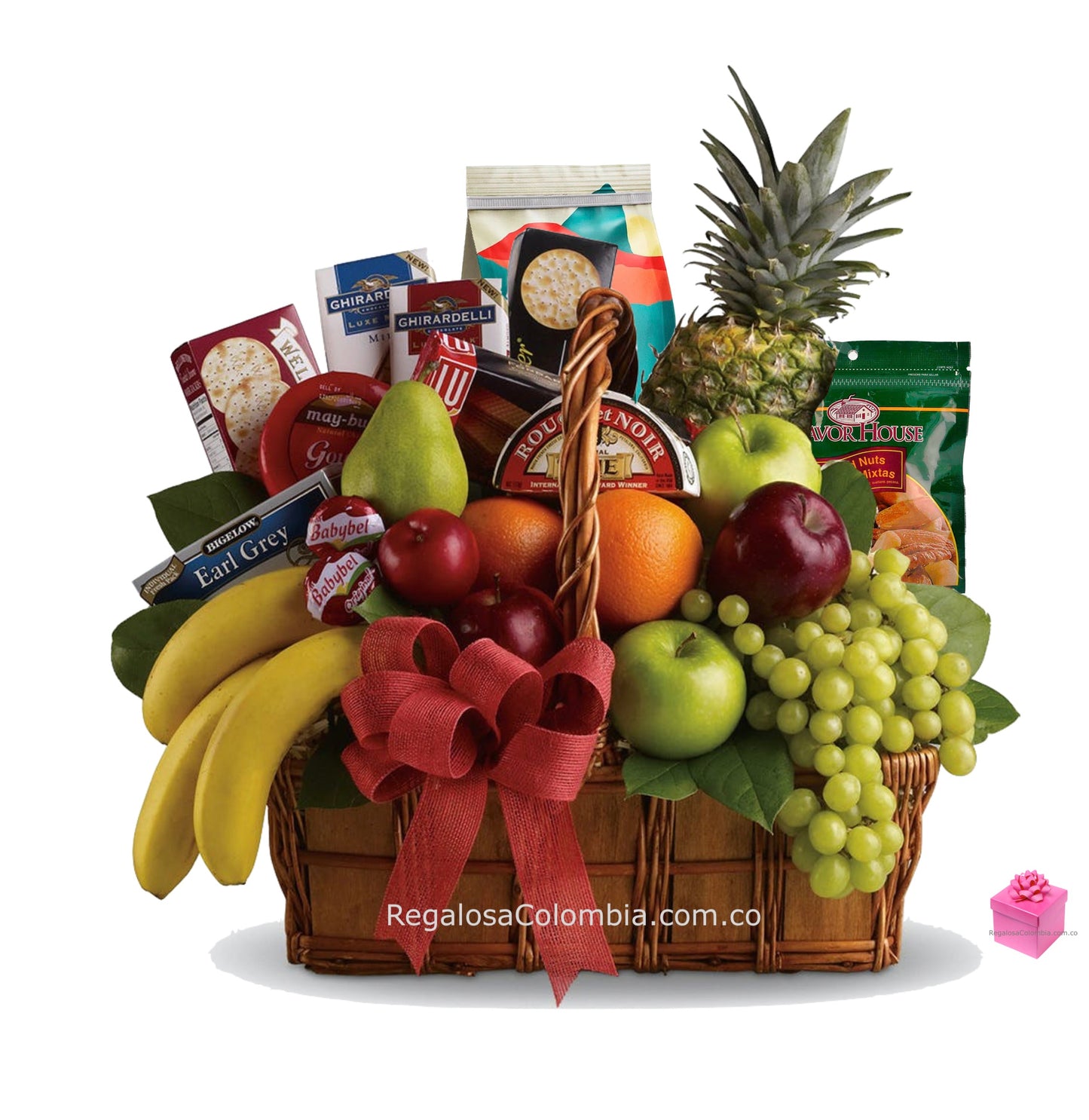 Deliciosa Canasta de Frutas y Snacks Plenitud. Envíos a toda Colombia. Regalos a Colombia Incluye  10 LBS de Fruta seleccionada  1 Queso Gouda 250 g  1 Mermelada smuckers 350 g  1 Lb de Café Gourmet  Galletas con chips de chocolate 125 g  Galletas tipo cocktail 150 g  Chocolate Lindt Excellence 100 g  Nueces mixtas 70 g  Mix de Cacao y Pretzels 170 g