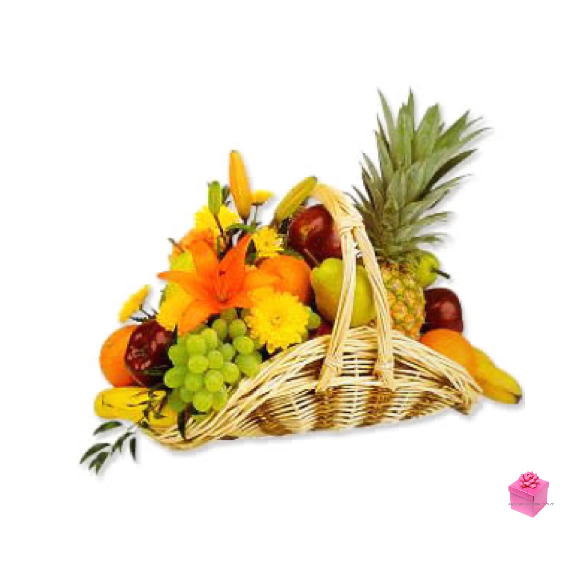 Canasta de flores y frutas Hawaii . Entregamos a domicilio en Colombia. Espectacular Canasta de 10 lbs de Fruta y bouquet de Flores a Colombia.