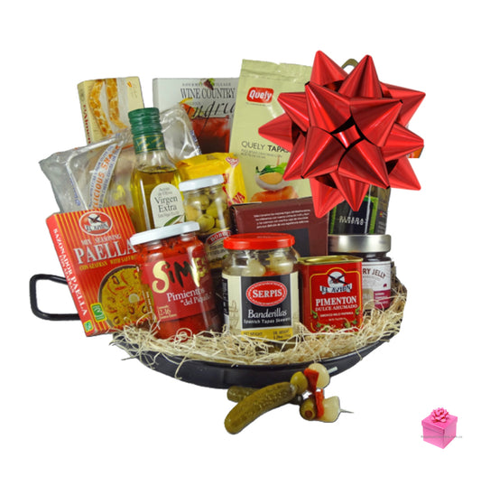 Canasta gourmet Española con Paellera Espectacular regalo temático que evoca la cultura gastronómica española.