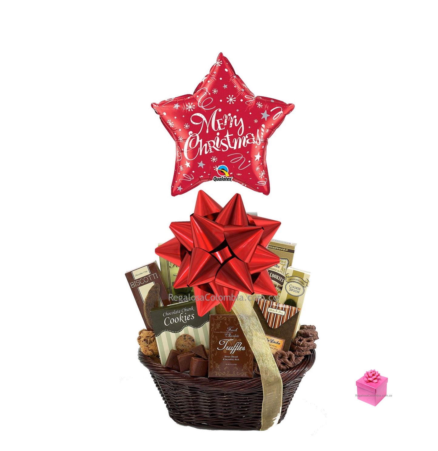 Canasta Navideña ChocoChristmas. Entrega a domicilio en Colombia Canasta para una súpeeer dulce navidad. Incluye decoración navideña, globo "Mery Christmas", tarjeta con tu mensaje.