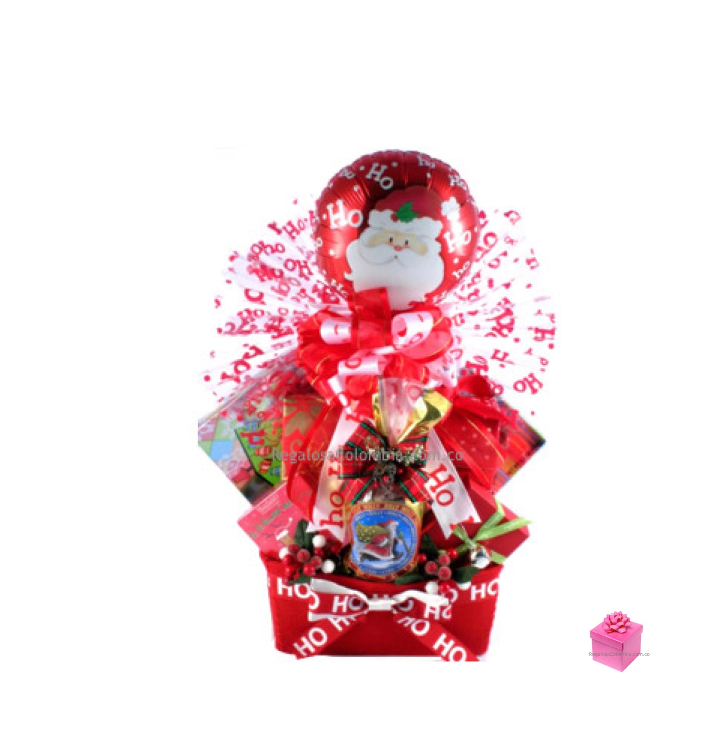 Ancheta Canasta Navideña gourmet "Santa", incluye decoración navideña, globo metalizado y tarjeta con tu mensaje.