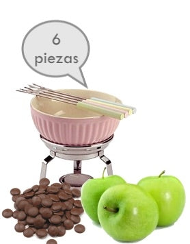 Set Fondue en cerámica color rosa con mezcla de chocolate y manzanas a Colombia, Envío de Set Fondue a domicilio en Colombia, Regalos con frutas en Colombia, Regalos con Chocolate en Colombia.