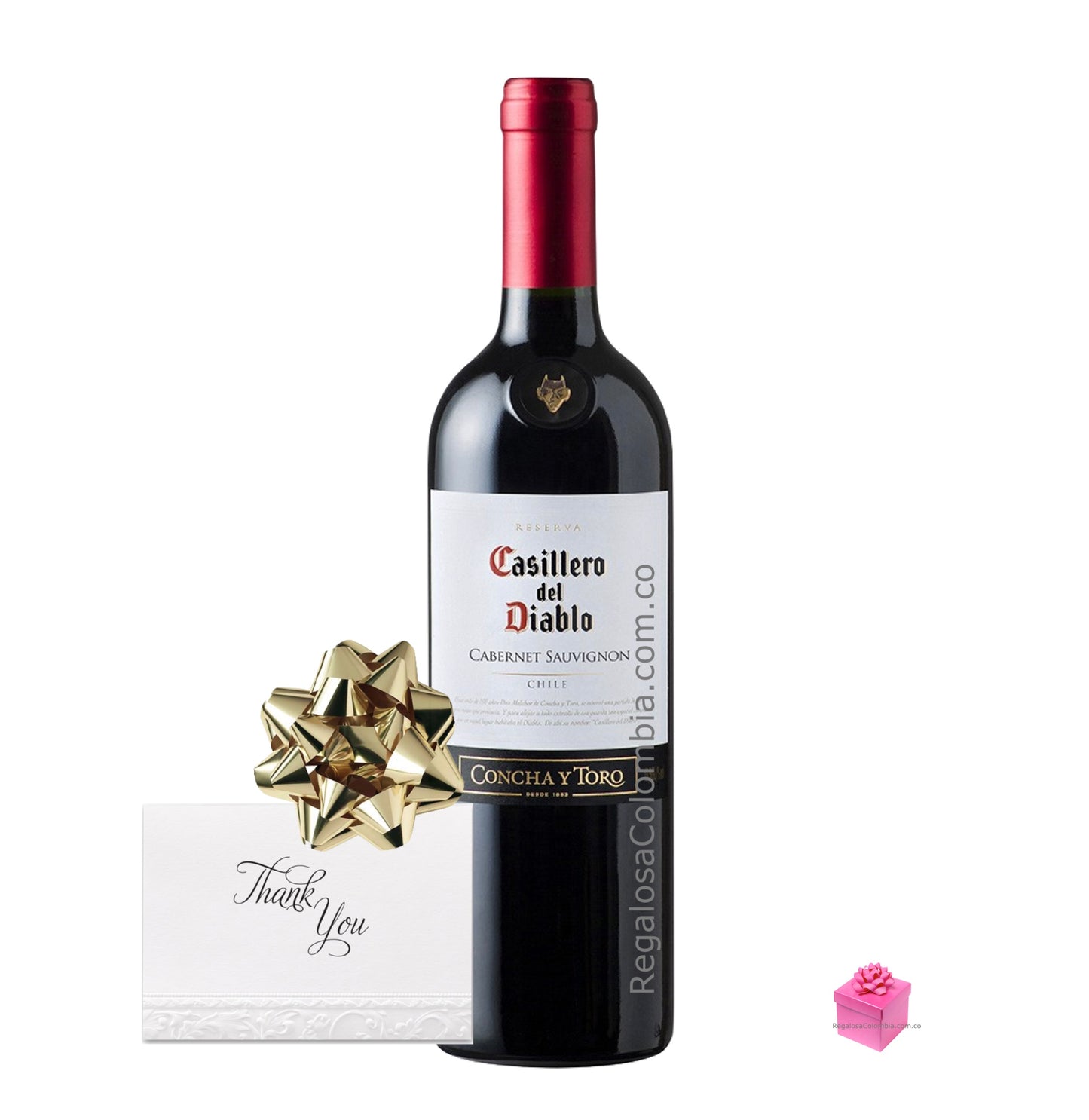 Botella de Vino chileno Casillero del Diablo Cabernet Sauvignon 750 ml Incluye empaque de regalo, moño y tarjeta con tu mensaje   Incluye empaque, moño y tarjeta Gastos de envío: Gratis Este Regalo esta disponible únicamente en: TODA COLOMBIA