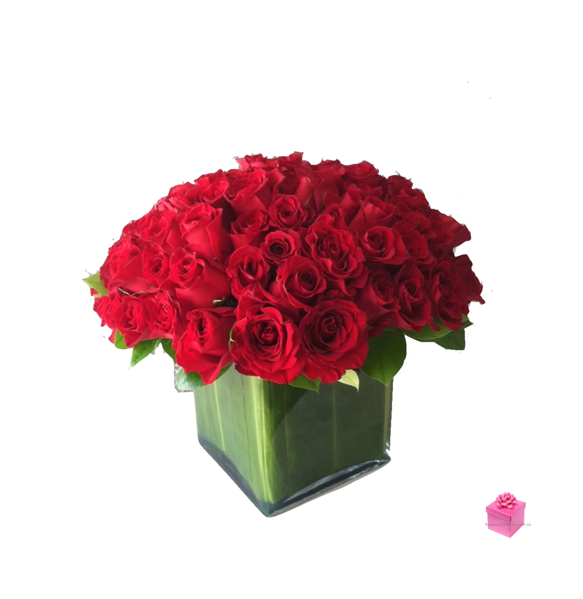 Arreglo de rosas minimalista Irresistible. Envíos a Colombia. Diseño floral minimalista con Rosas, follaje y florero de cristal. Envíos a domicilio en Colombia.