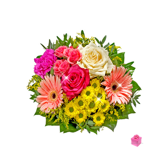 Bouquet de flores Unicornio mágico. Envíos a Colombia. Envía este maravilloso Bouquet de Rosas, gerberas y chrisantemos en florero a domicilio en cualquier parte de Colombia
