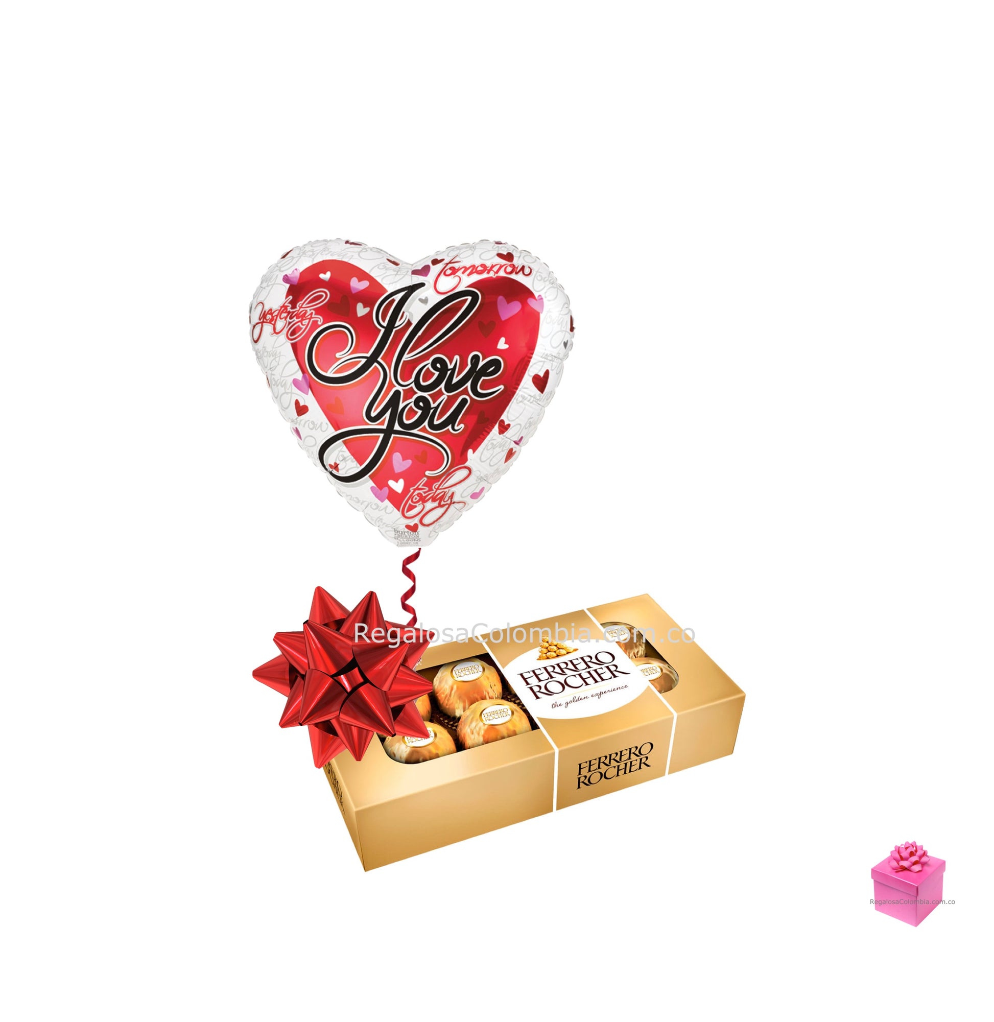 Combito Love. Caja de Chocolates Ferrero Rocher con Globo metalizado "I love you". Envíos de Regalos a Colombia. 